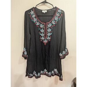 Black long sleeve tunic top with embroidery detail by A & A size M